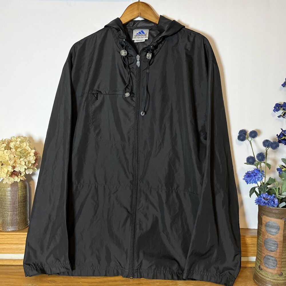 Vintage Adidas 3 Stripes Hooded Windbreaker Jacket Black Men’s Size L
